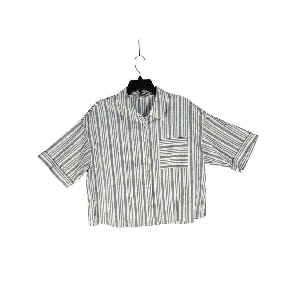 MIXXO Button Down Women M MIWYAE715C Blue/Gray Striped Boxy Short Sleeve EUC